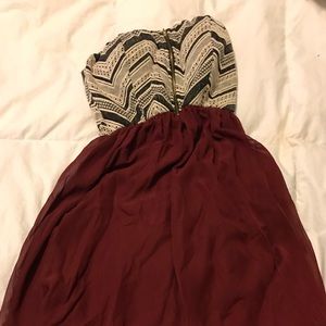 Strapless burgundy and patterned dress- mid length